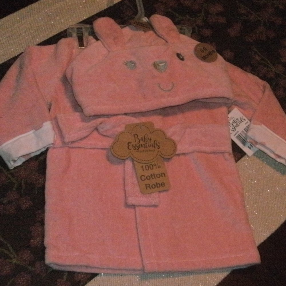 NWT Baby Girl Pink Bunny Rabbit Hooded Terrycloth Bath Robe 100% Cotton sz 0-9M